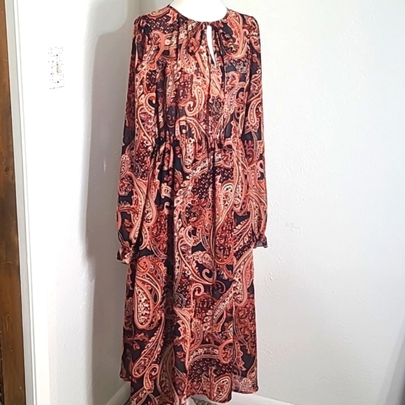Shein Rust & Black Paisley Midi-Dress, Wide Belt, Bishop Sleeves Sz 12,XL, NWOT - Picture 5 of 13